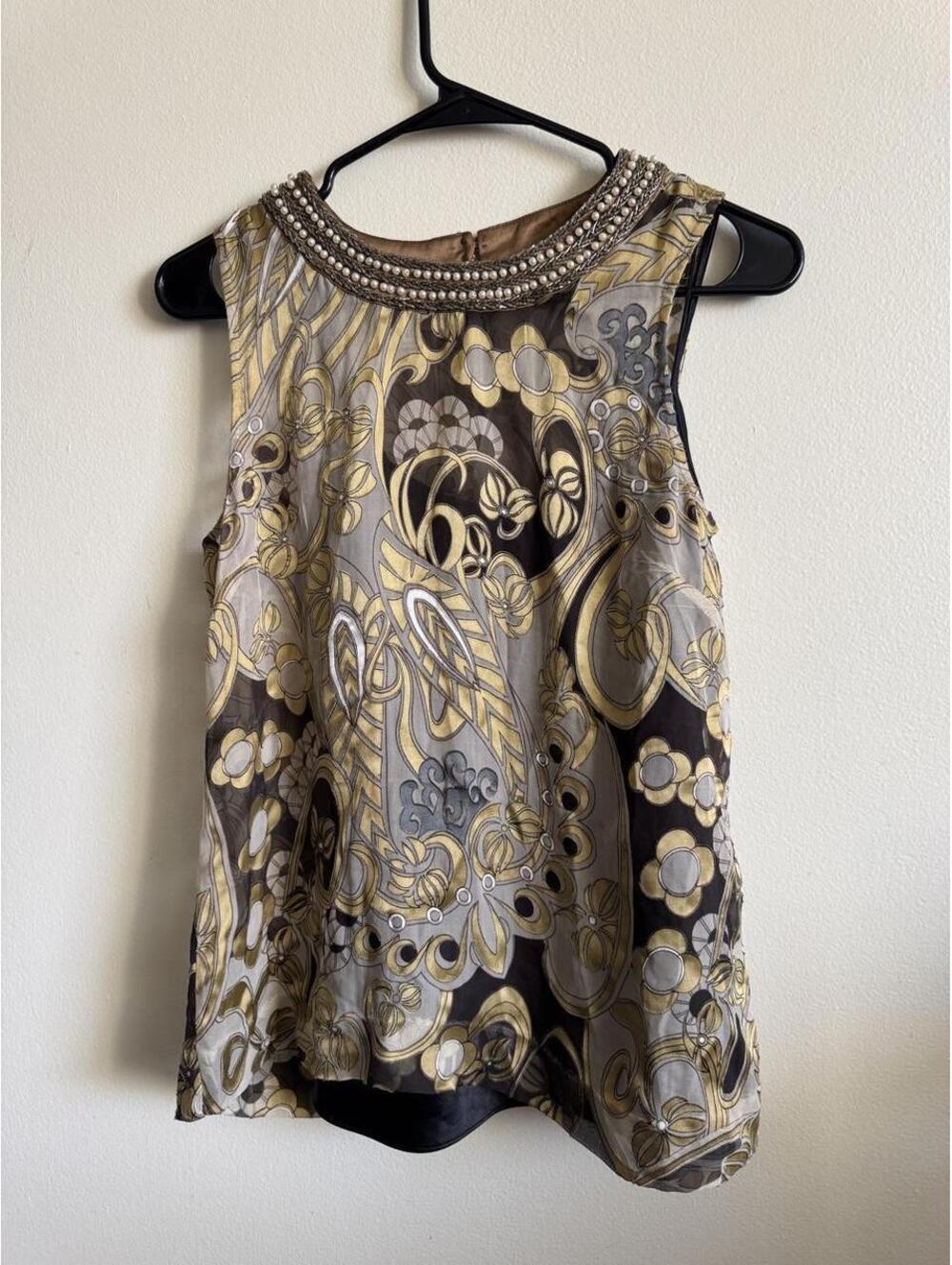 ECI New York gold and brown floral and paisley print blouse with beaded neckline